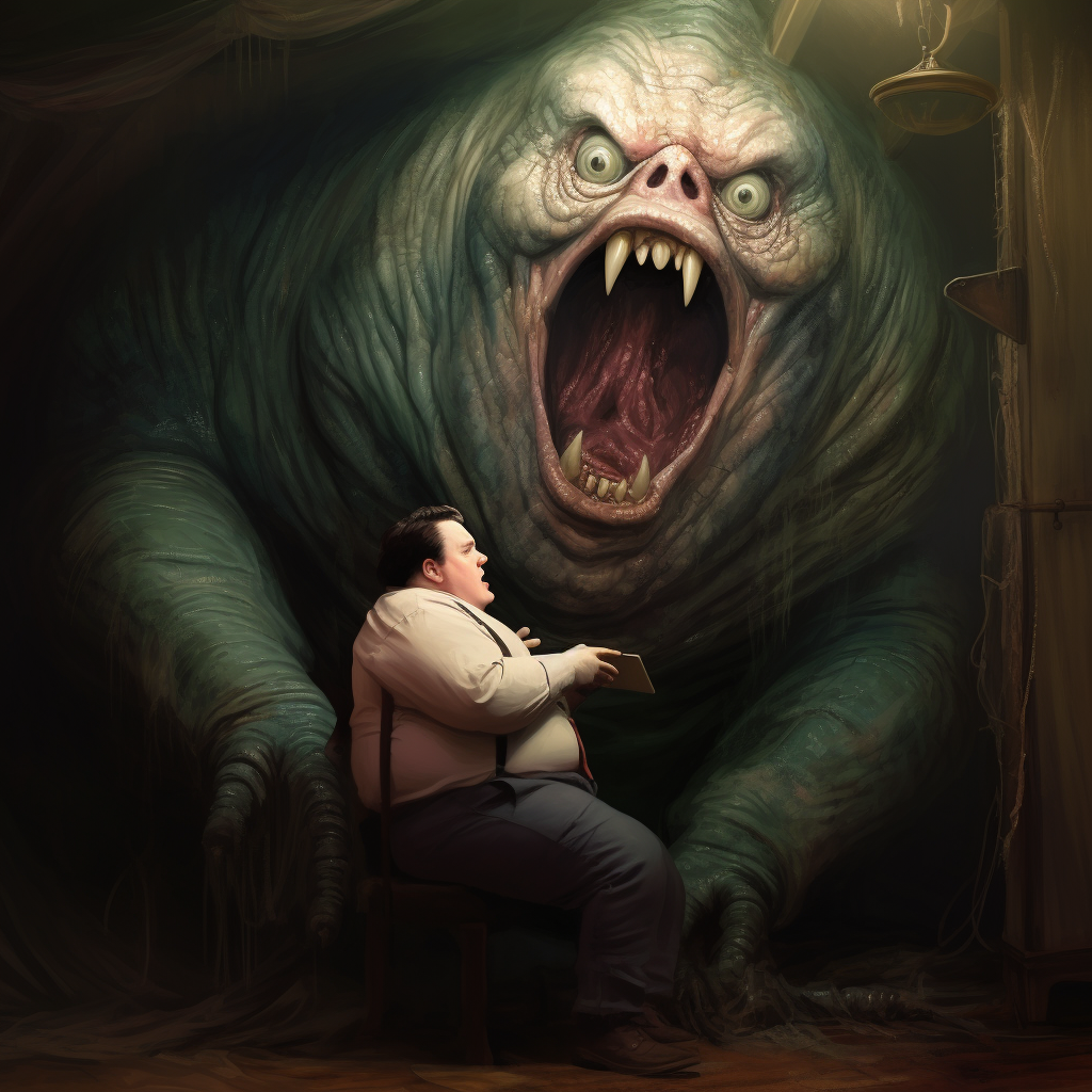 Chubby man trying to escape monster's mouth