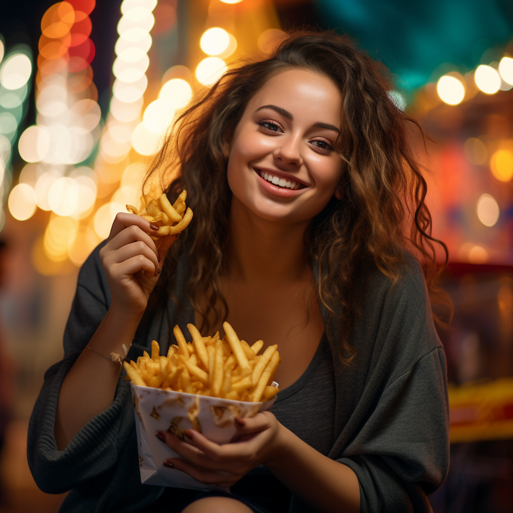 Chubby woman enjoying french fries at a food truck during a carnival night with bokeh lights.