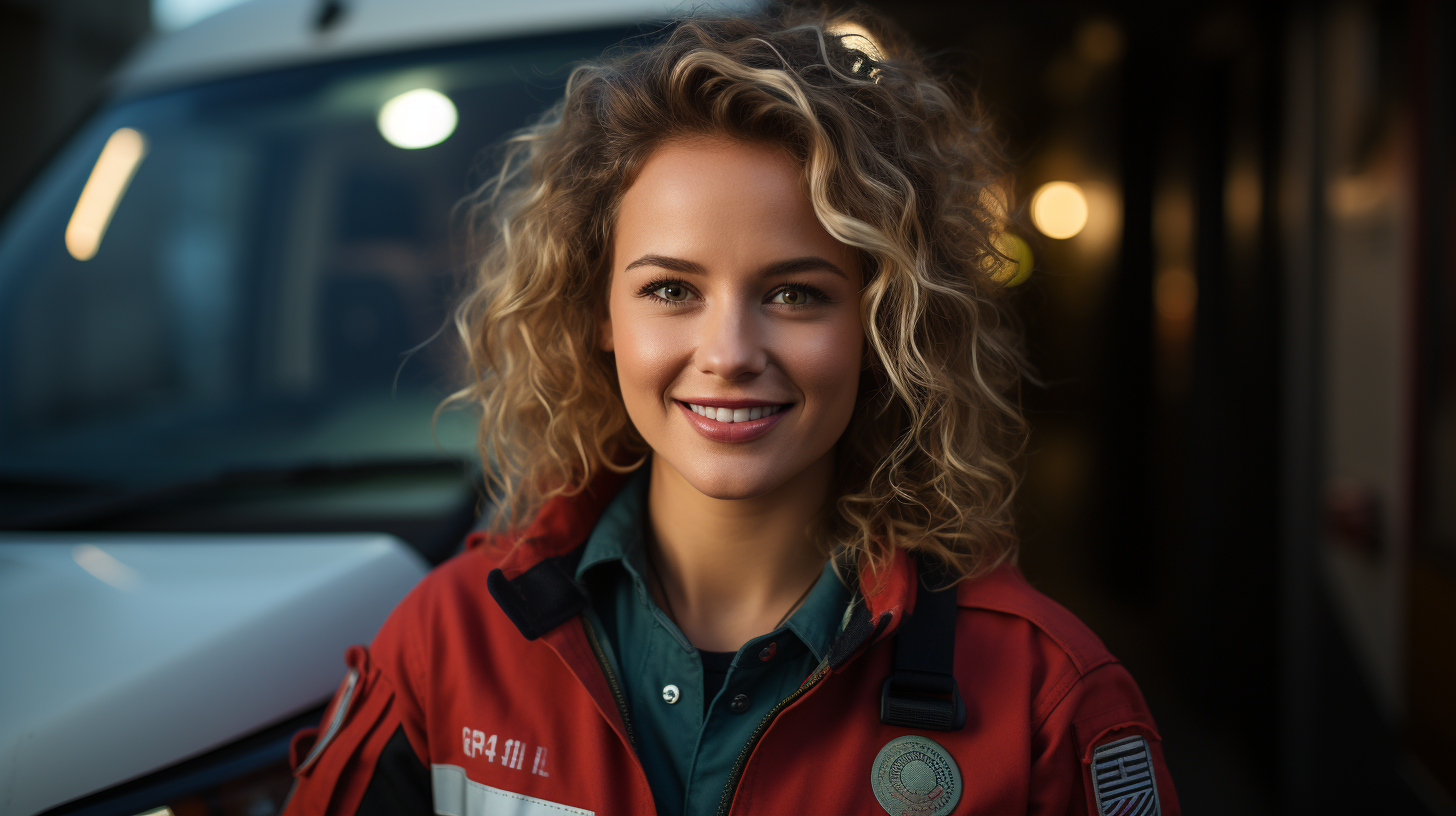 Smiling woman in Red Cross ambulance uniform