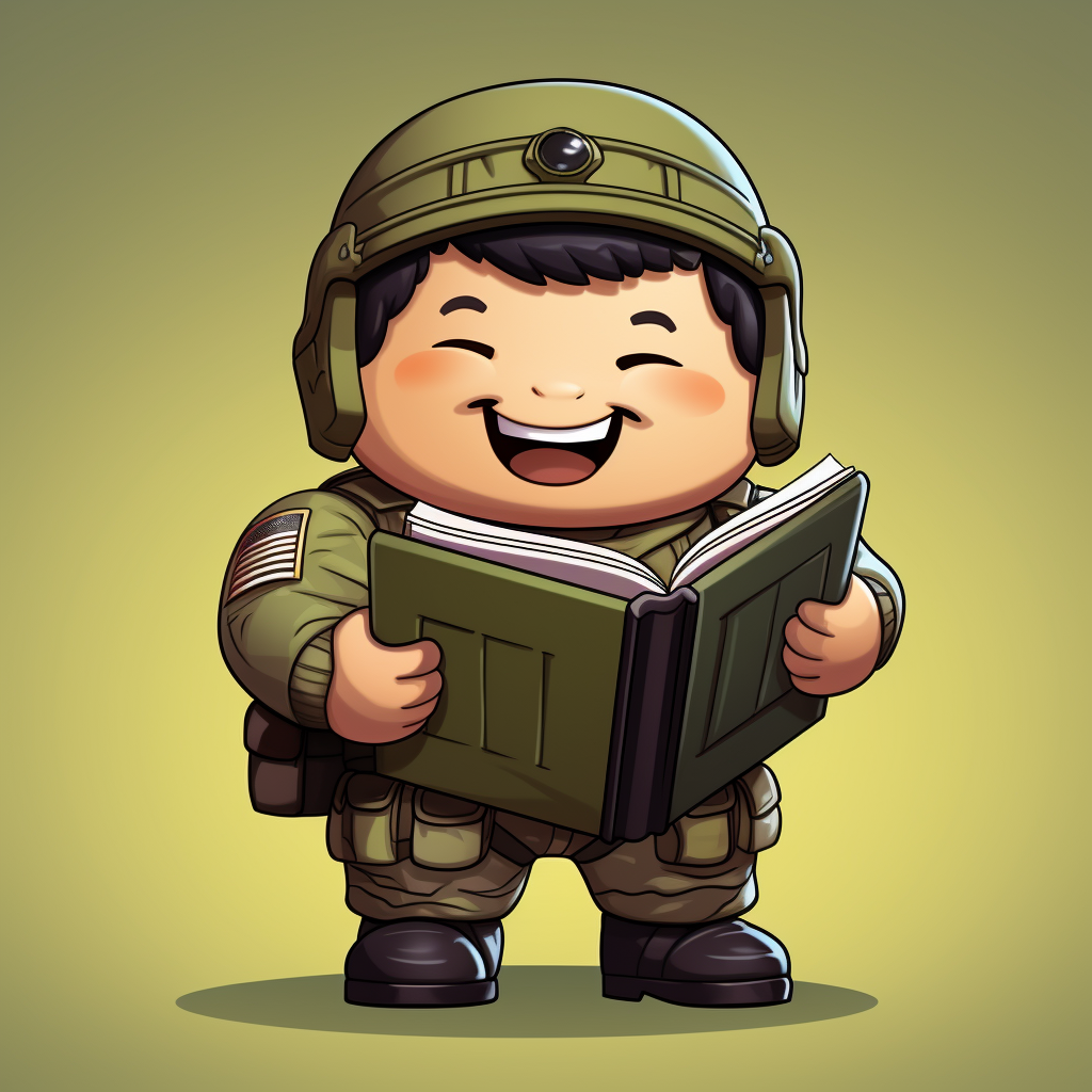 Cute American soldier happily reading Chinese history book