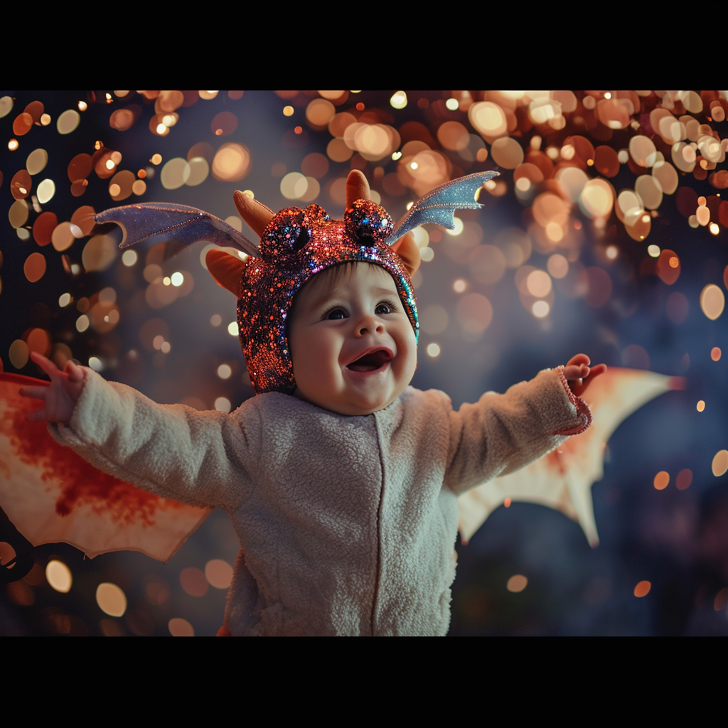 Chubby baby boy in dragon cosplay flying