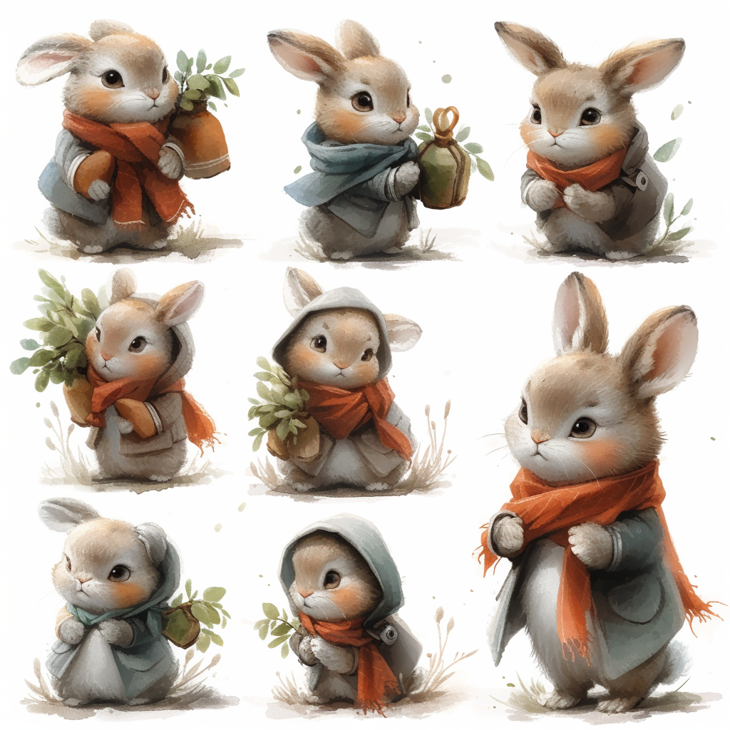 Cute bunny carrying various items