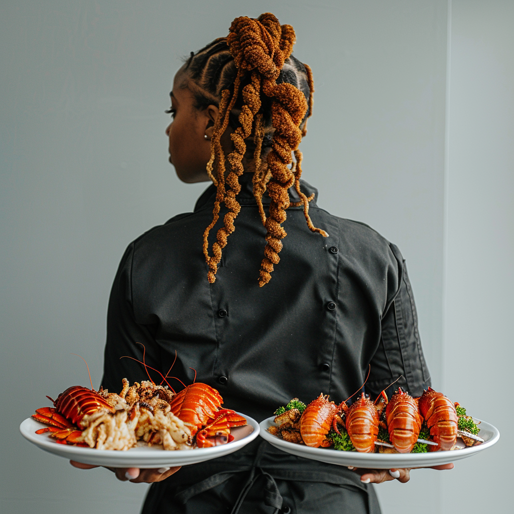 Female chef with seafood plates