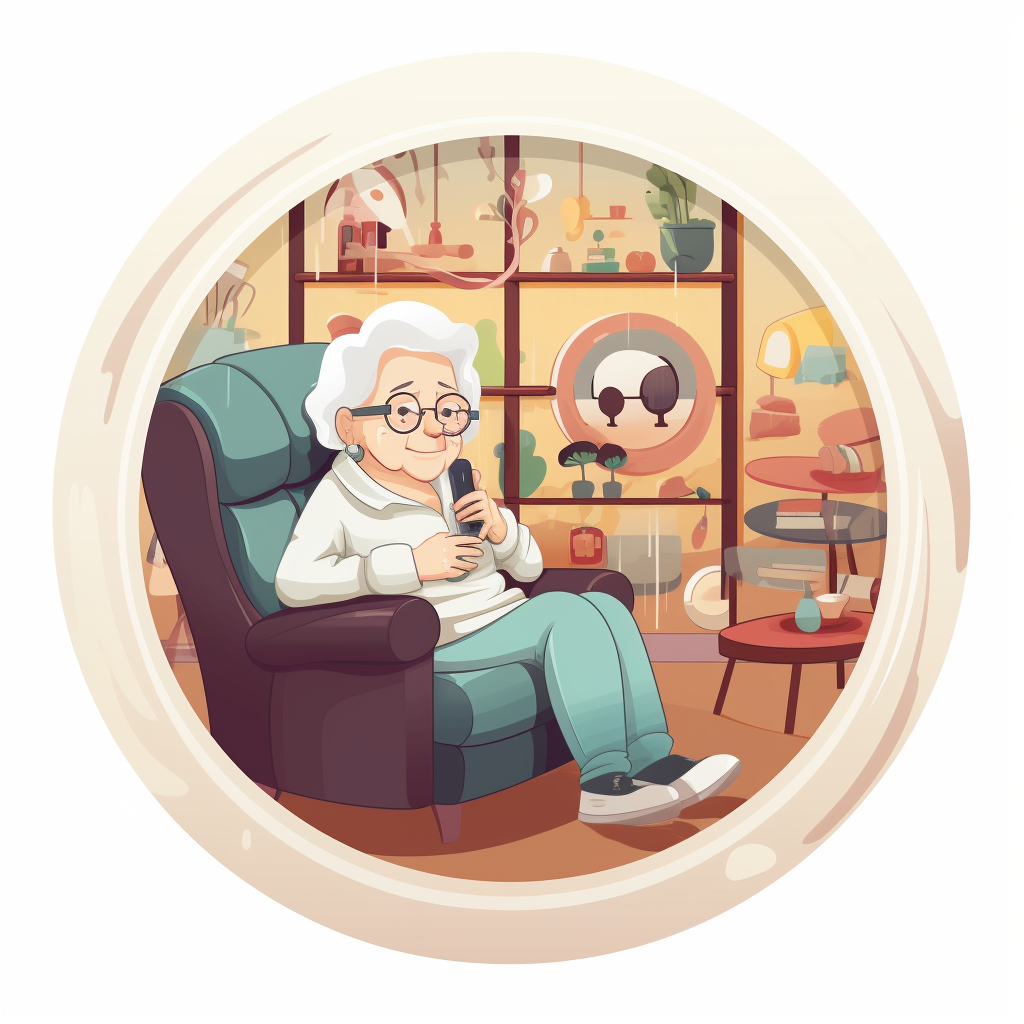 Elderly chubby lady sitting on sofa in clothing store