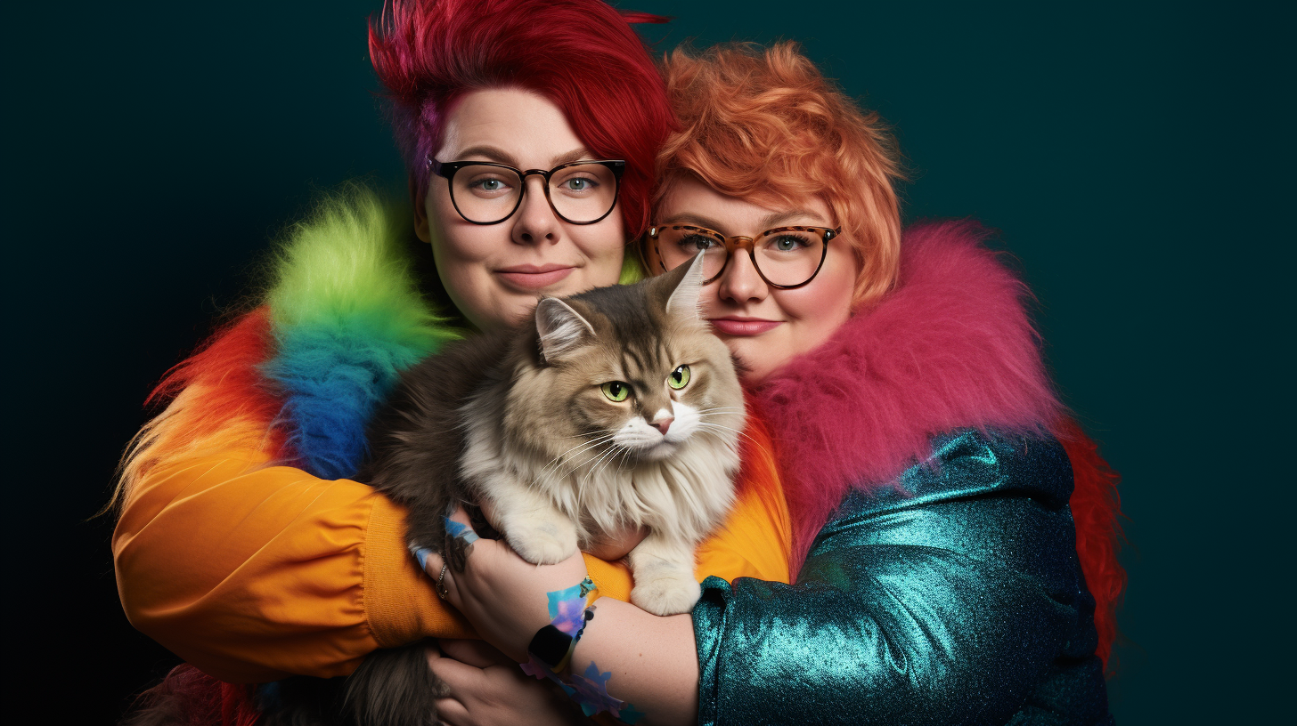 Two chubby lesbians with long furred cat