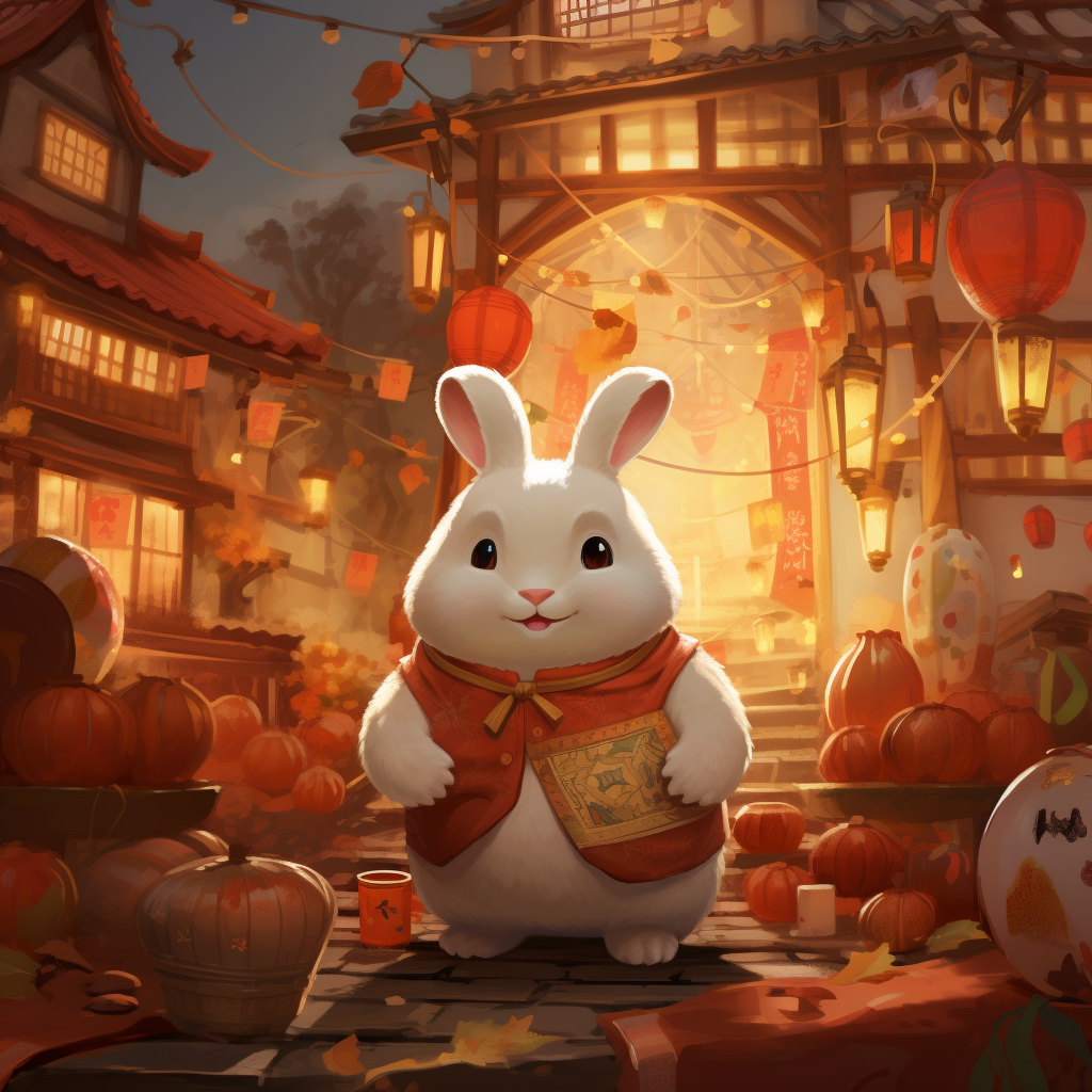 Adorable chubby rabbit in mid-autumn festival