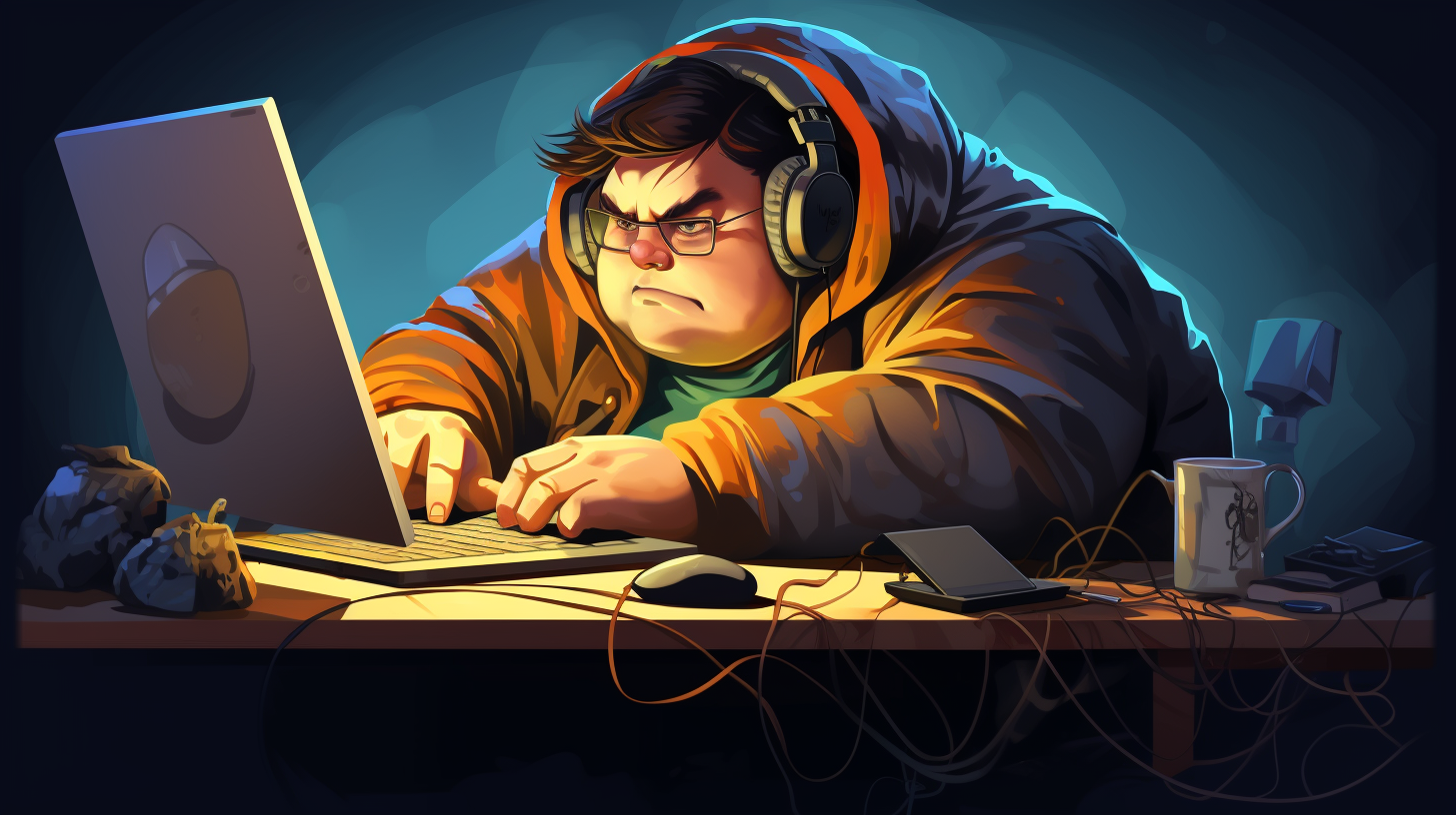 Playful chubby gamer immersed in a gaming session