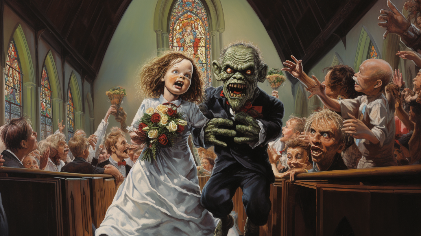 Chucky and Frankenstein's bride surrounded by flying monkeys