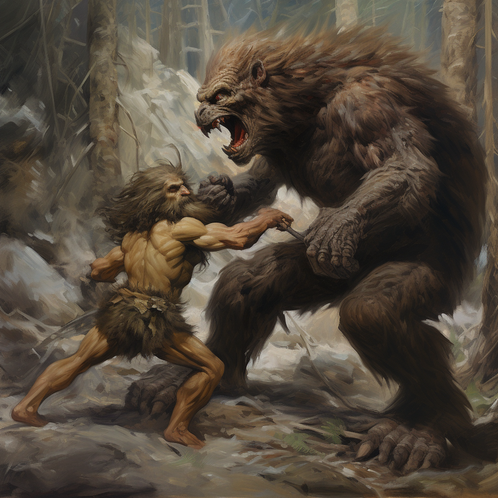 Chupacabra defeating Bigfoot in a fight