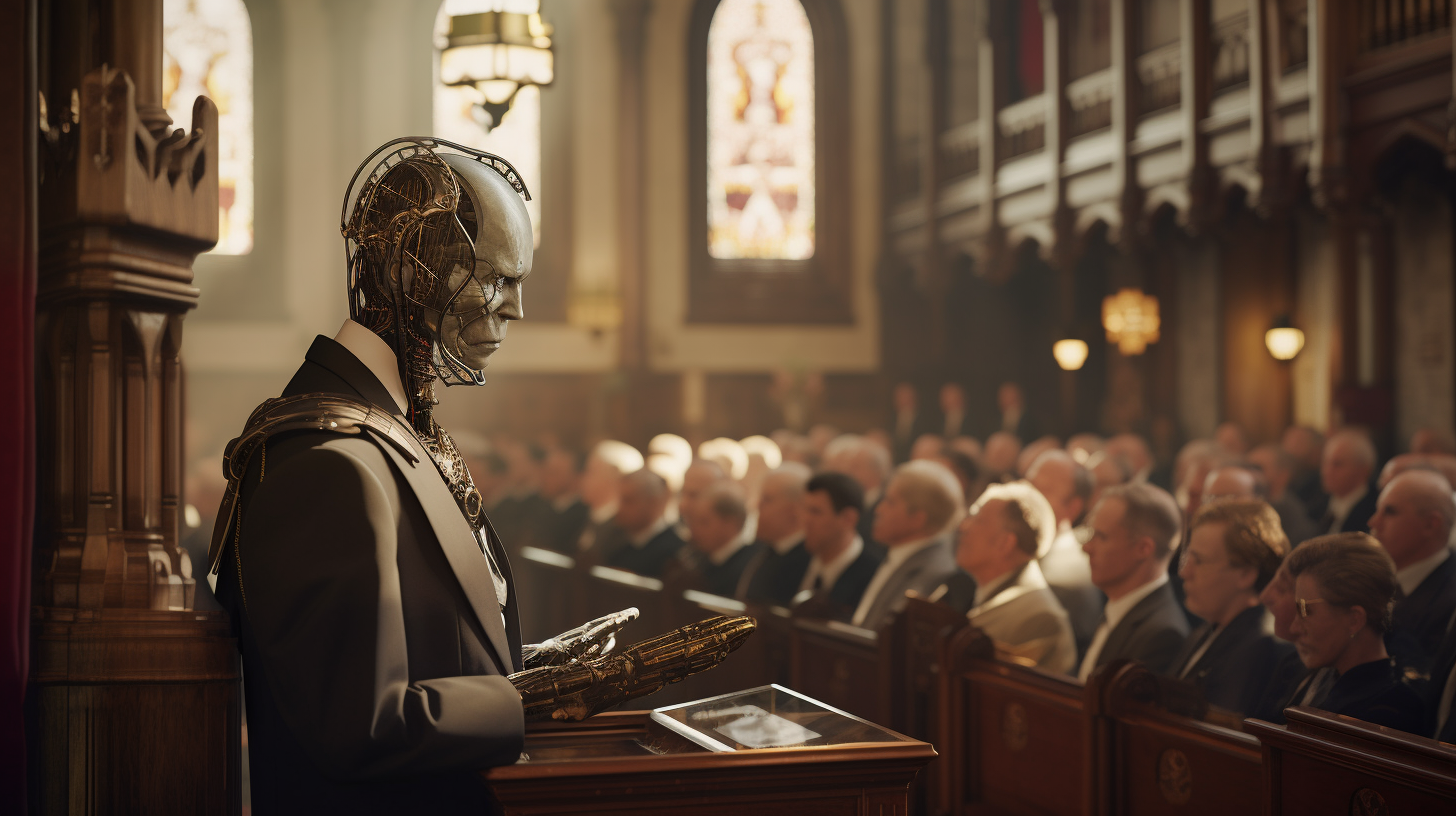 AI preacher delivering sermon in church