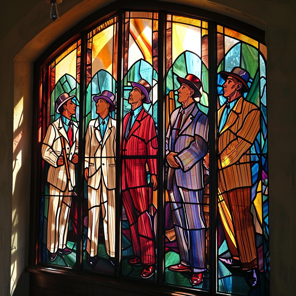 Stained glass window with Jesus and disciples in quartet attire