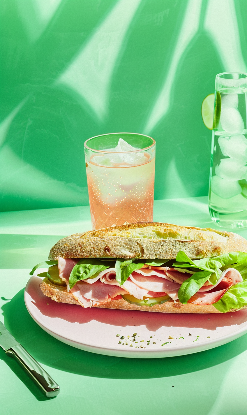 Ciabatta Ham Sandwich on Pink Plate