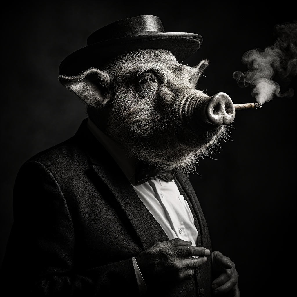 Cigar Smoking Boar in Black and White