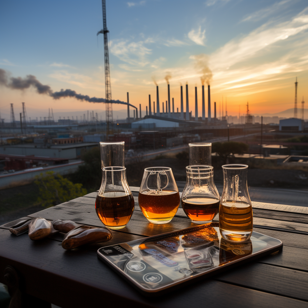 Cigars and beer on table with refinery view