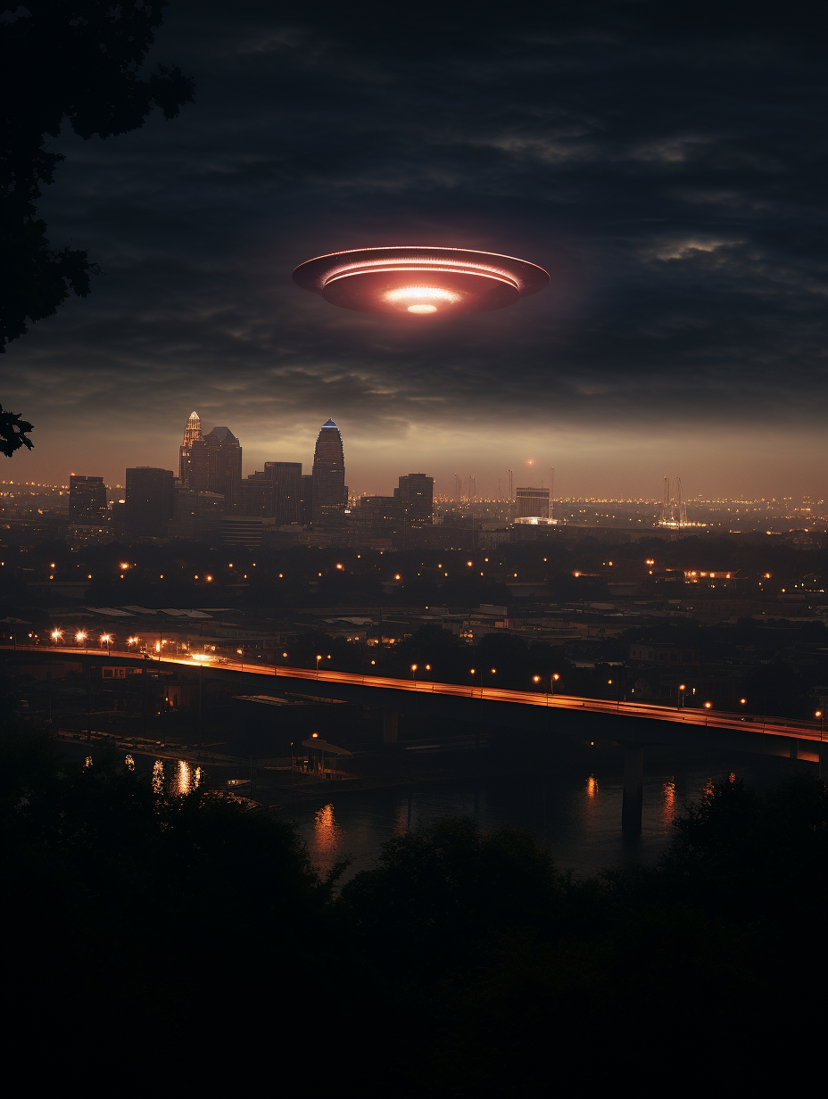 UFO flying over Cincinnati cityscape