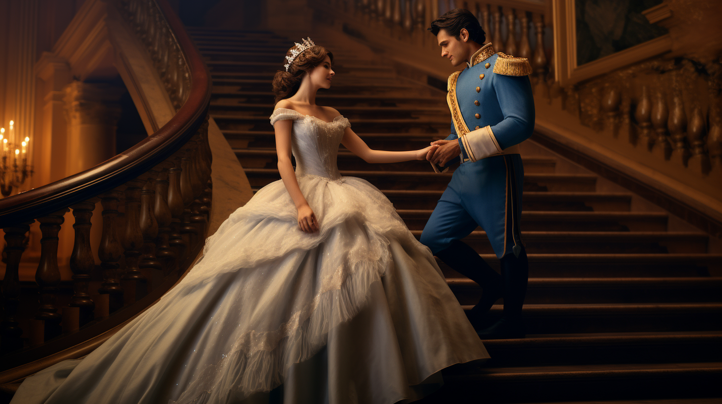 Cinderella waltzing with prince in blue dress