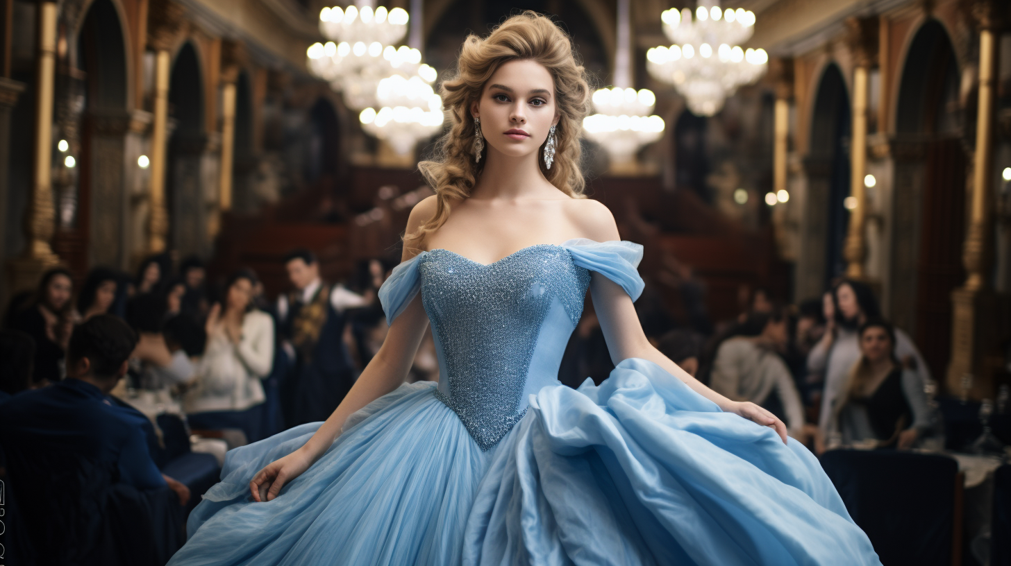 Cinderella in stunning ball gown surprised at the camera