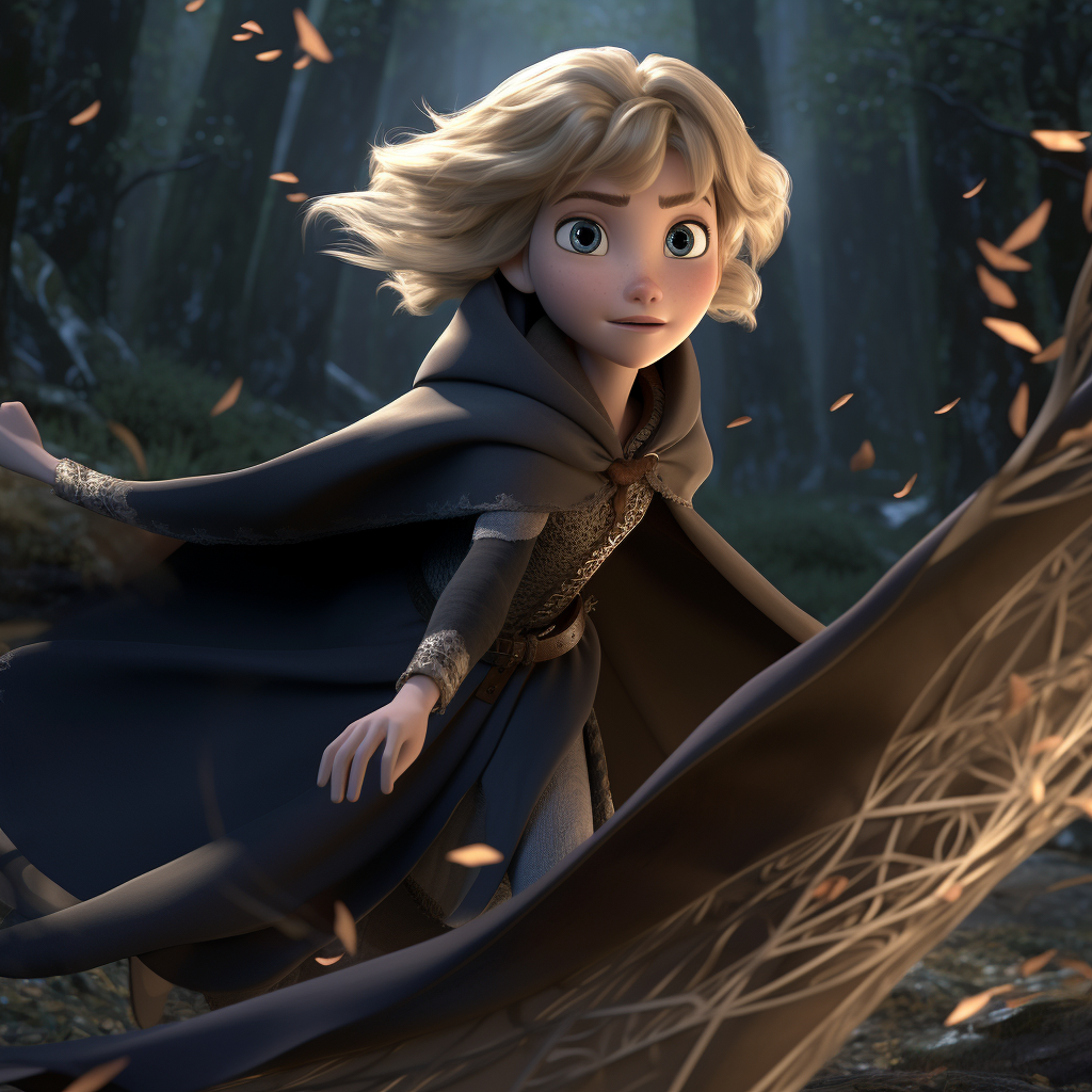 Cinderella in leather armor running through dark forest