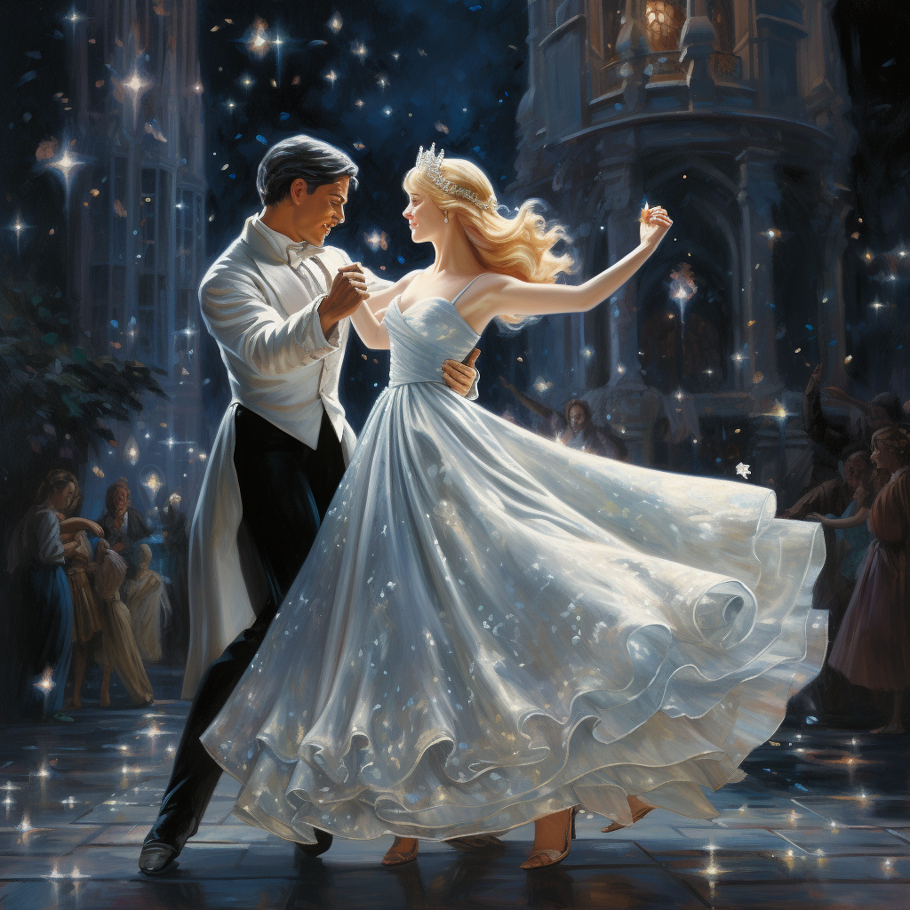 Cinderella in a Silvery Silk Gown Dancing with the Prince