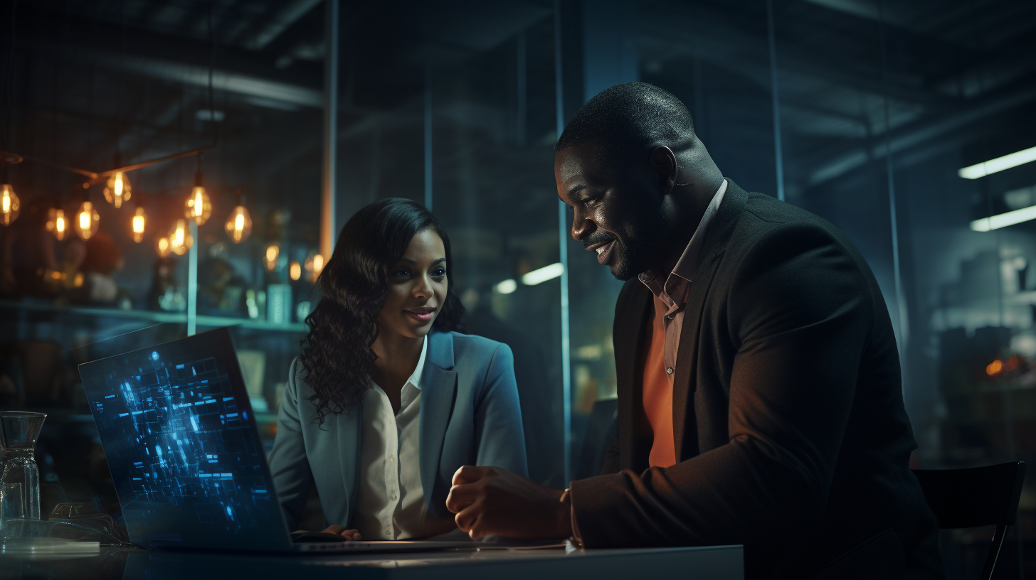 Middle-aged African man showing laptop to female colleague