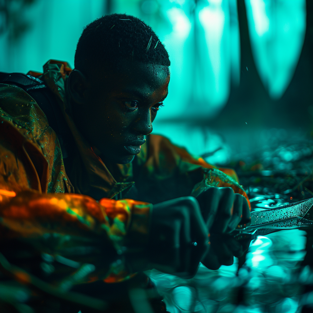 Close-up of black man with glowing knife in swamp