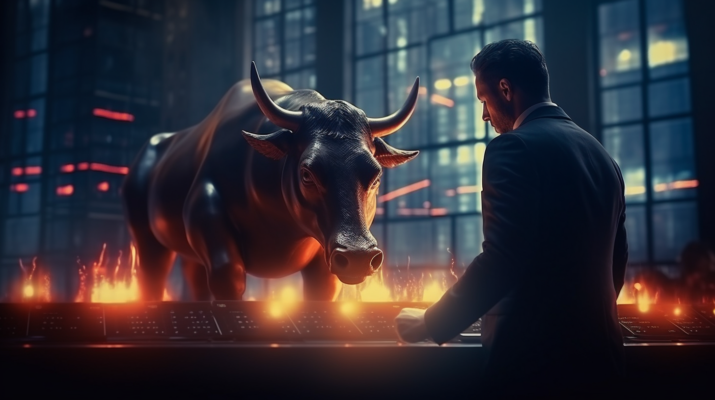 Cinematic bull trading candles in digital art