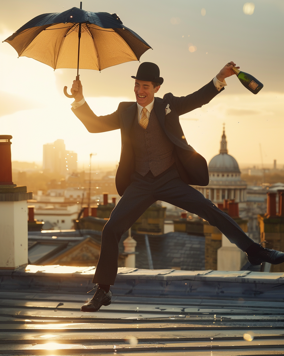 Stylish man dancing with champagne