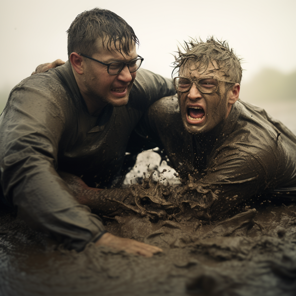 Two men mud wrestling in cinematic fight