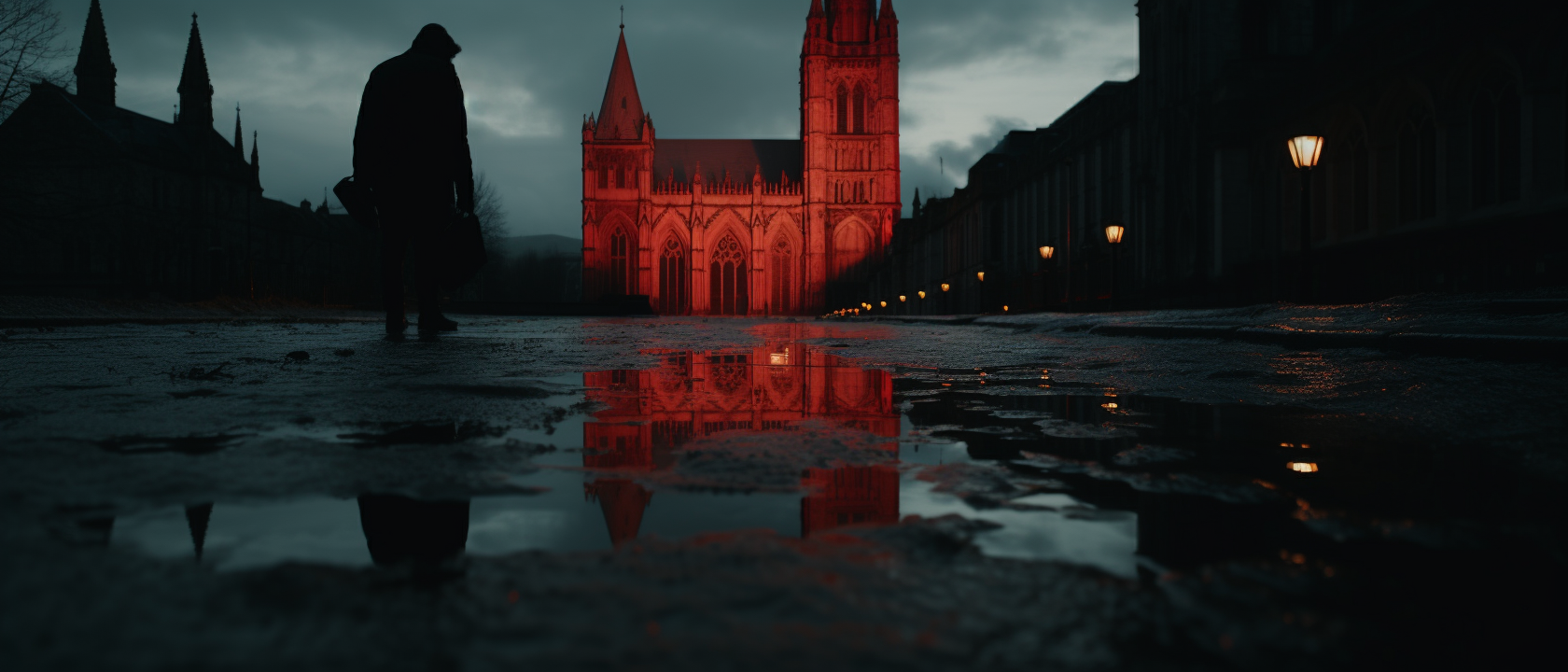 Cinematic reflection in front of cathedral