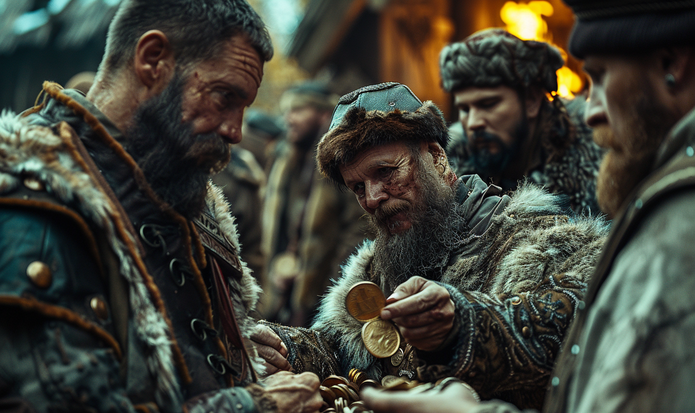 Men exchanging coins cinematic scene