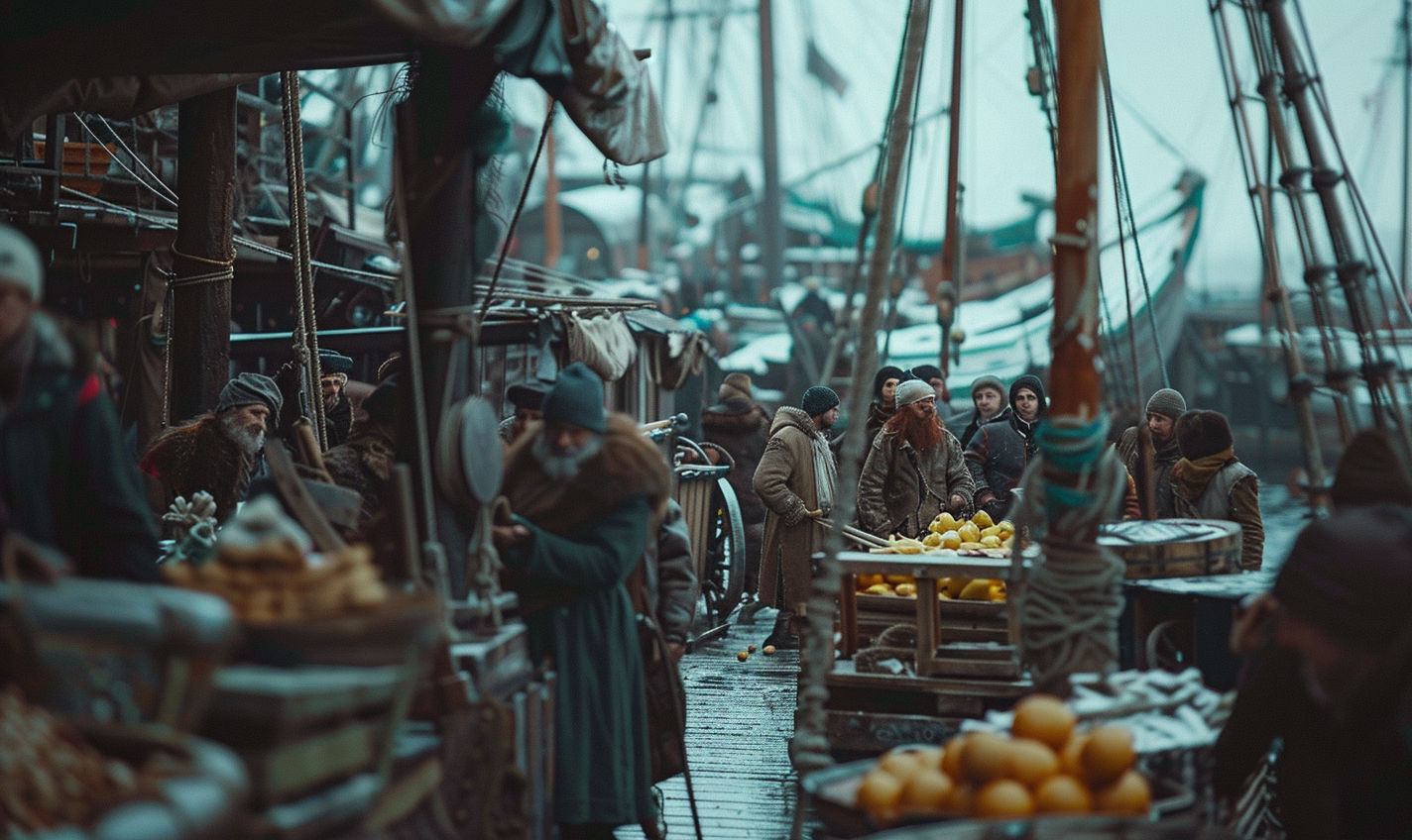 People selling goods on dock