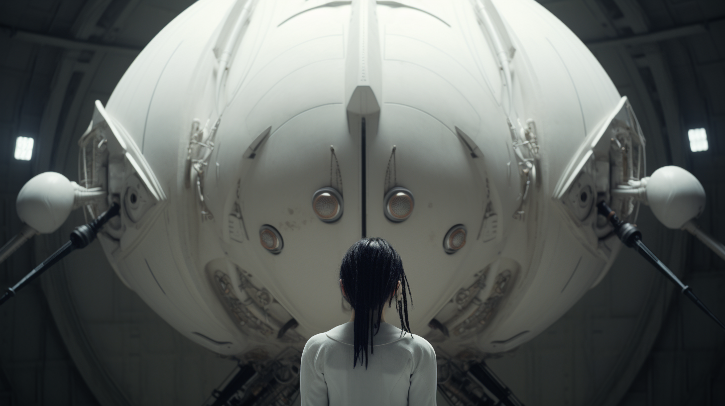 Girl standing in front of white spacecraft