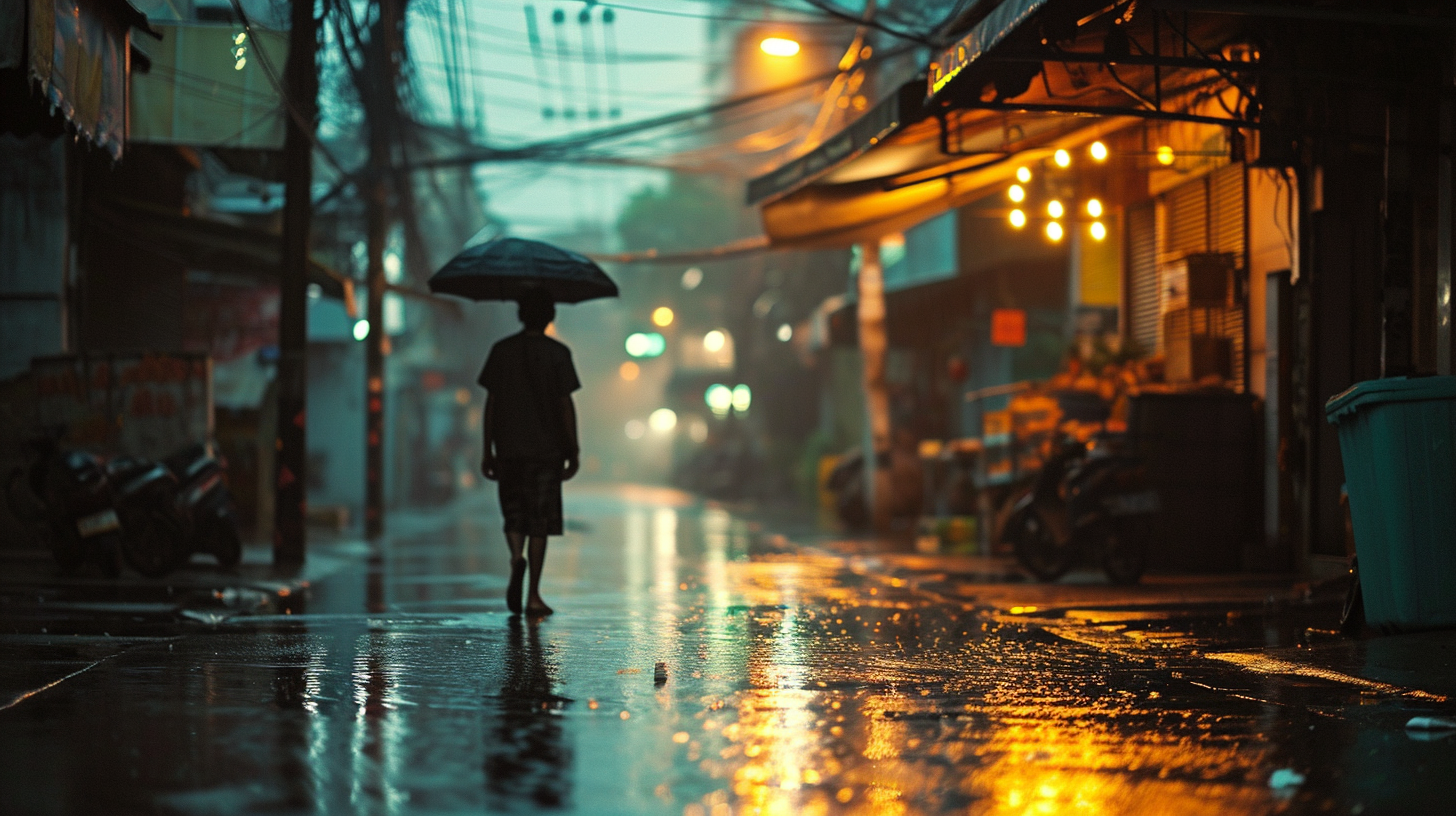 Asian boy walking in rain with gun