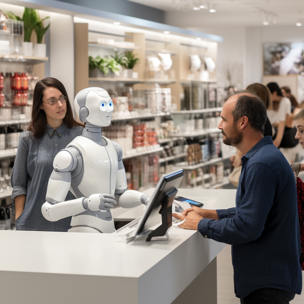 High-resolution image of a humanoid robot handling a credit card transaction