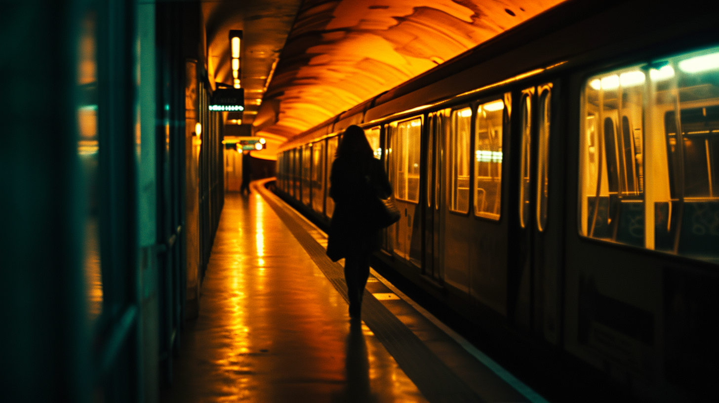 Cinematic minimalist image of a woman and metro in Paris