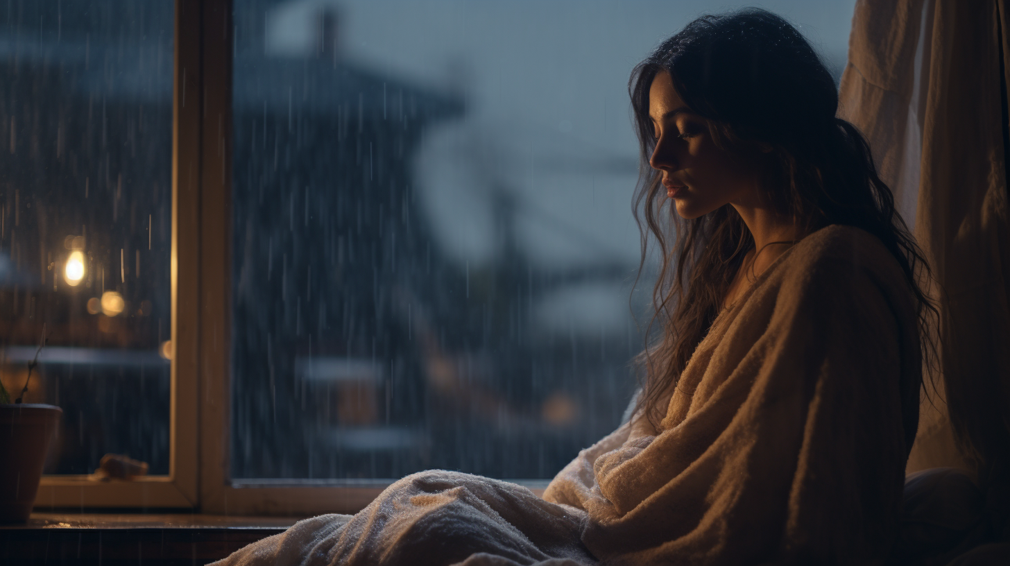 Cinematic night rain landscape with cozy bed