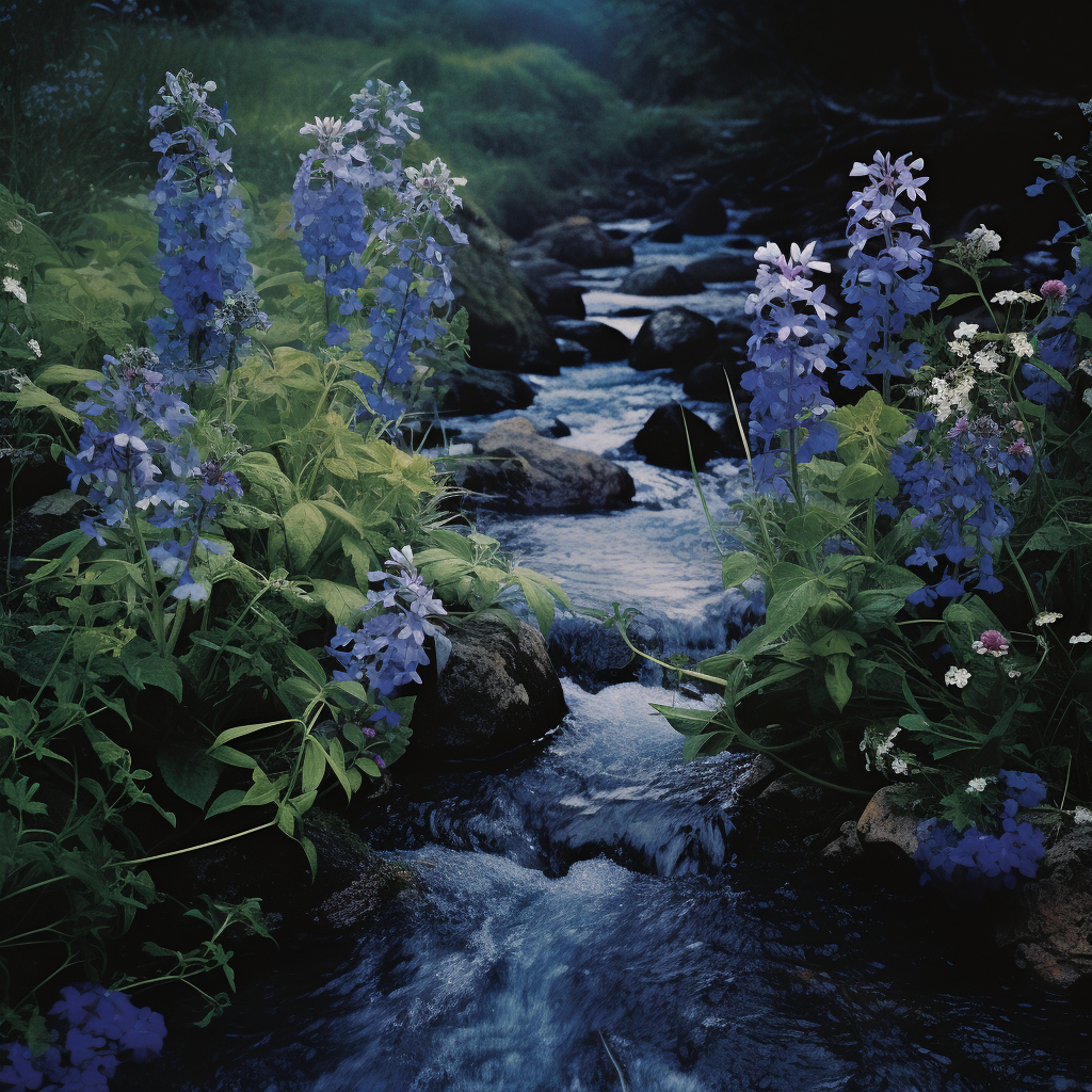 Cinematic photography of blue creek with surrounding flowers