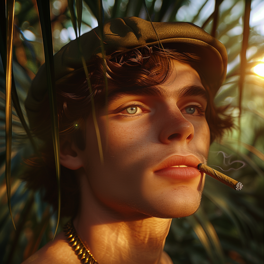 Young man smoking joint in tropical forest