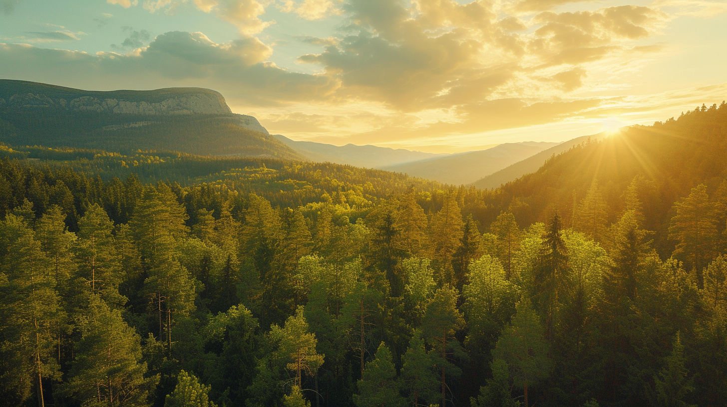 Cinematic Scene with Mountains, Clouds, and Trees