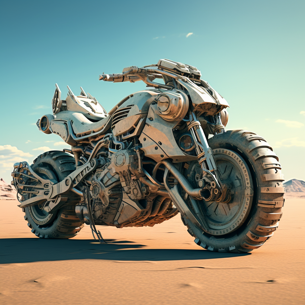 Futuristic motorcycle in a post-apocalyptic setting