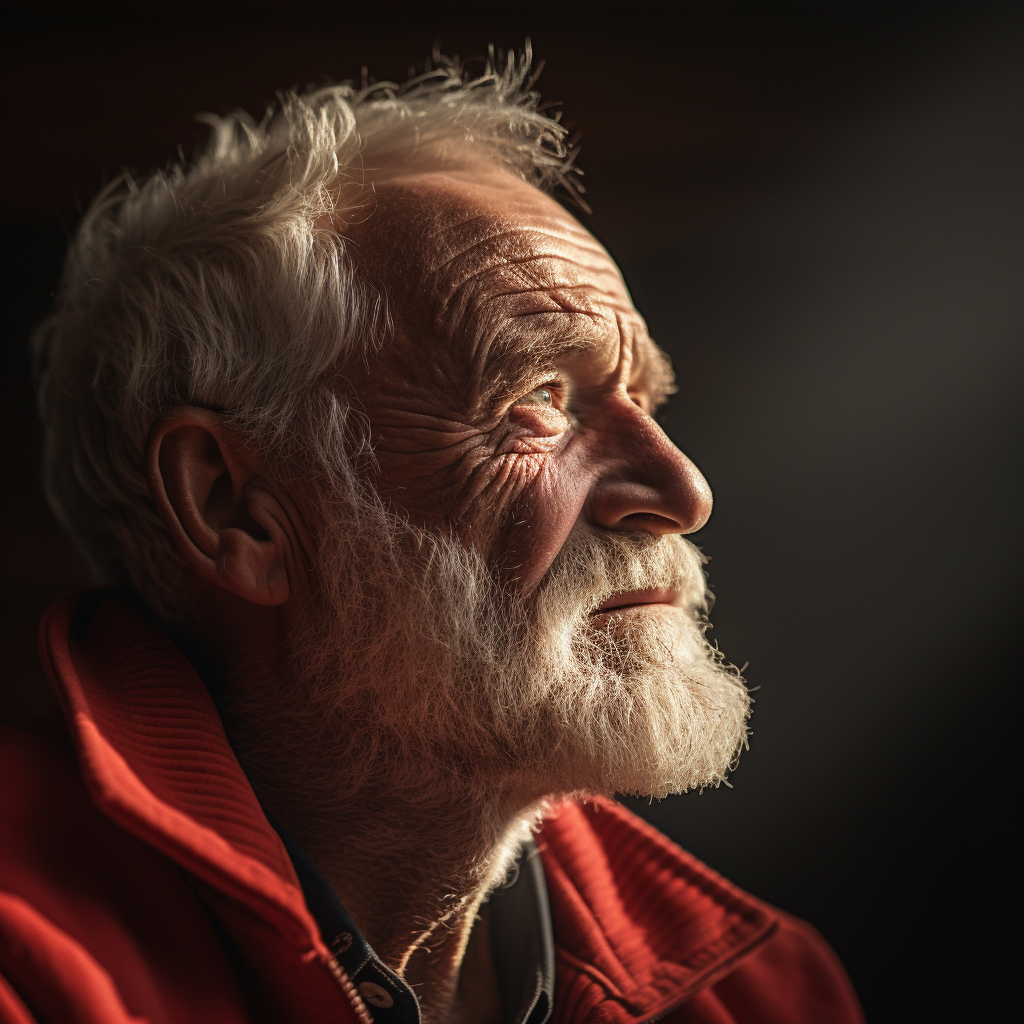 Old man in red sweater facing away