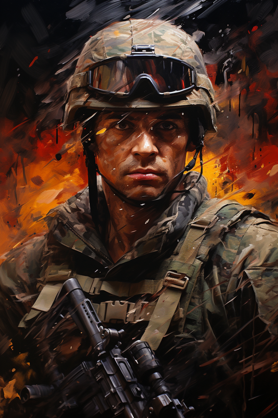 Realistic soldier painting in combat gear