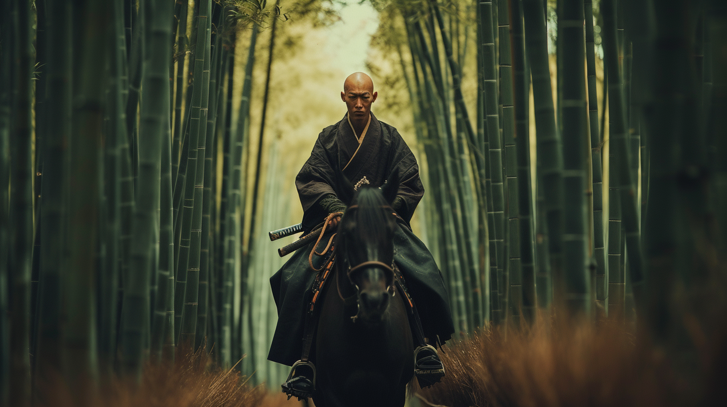 Bald Japanese Samurai Riding Horse in Bamboo Forest