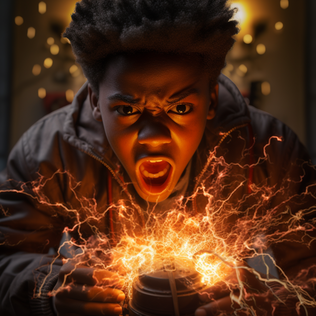 Teenage African American Boy with Fork in Electric Outlet