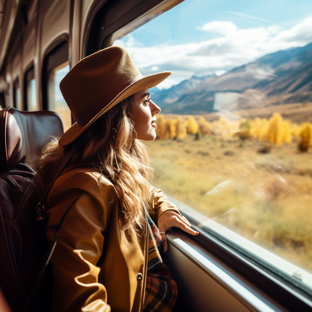 Female traveler admiring autumn landscape from train window