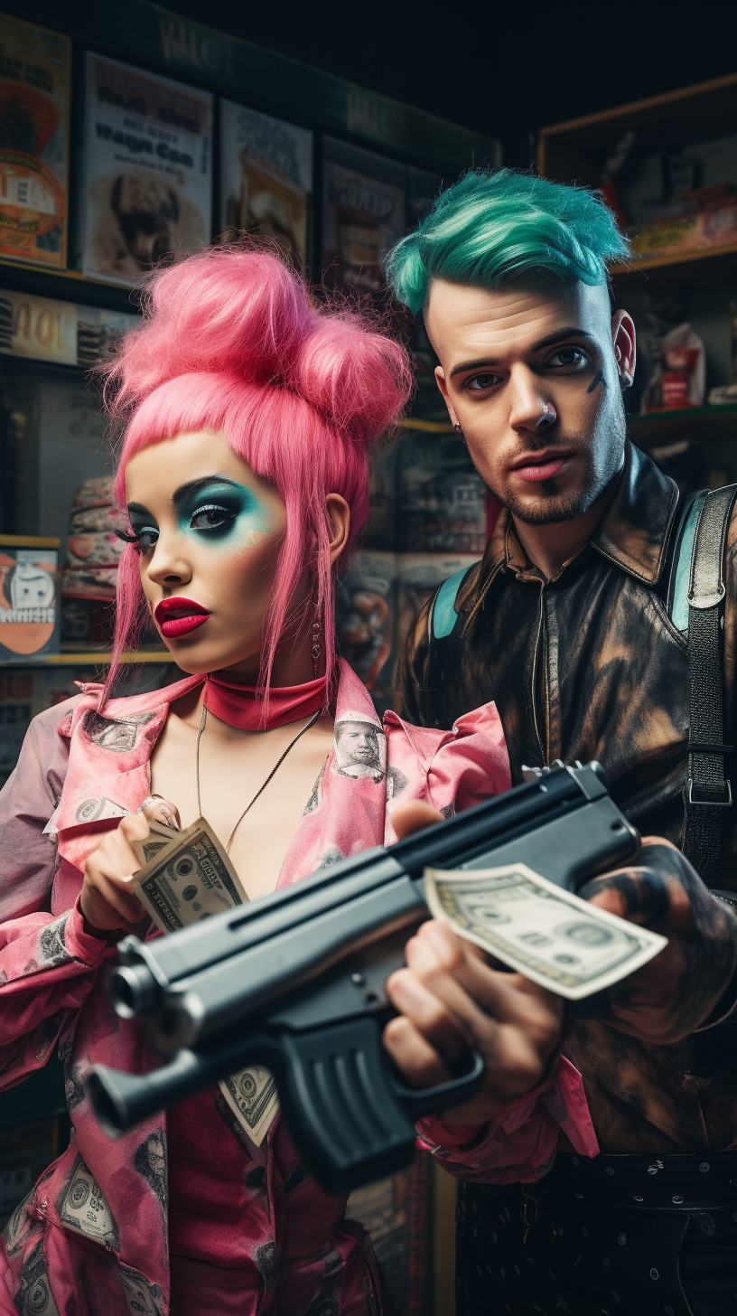 Colorful hair punks robbing a bank in classic Western style