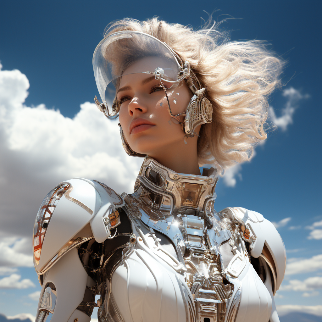 Futuristic white cyborg woman in dress and astronaut suit