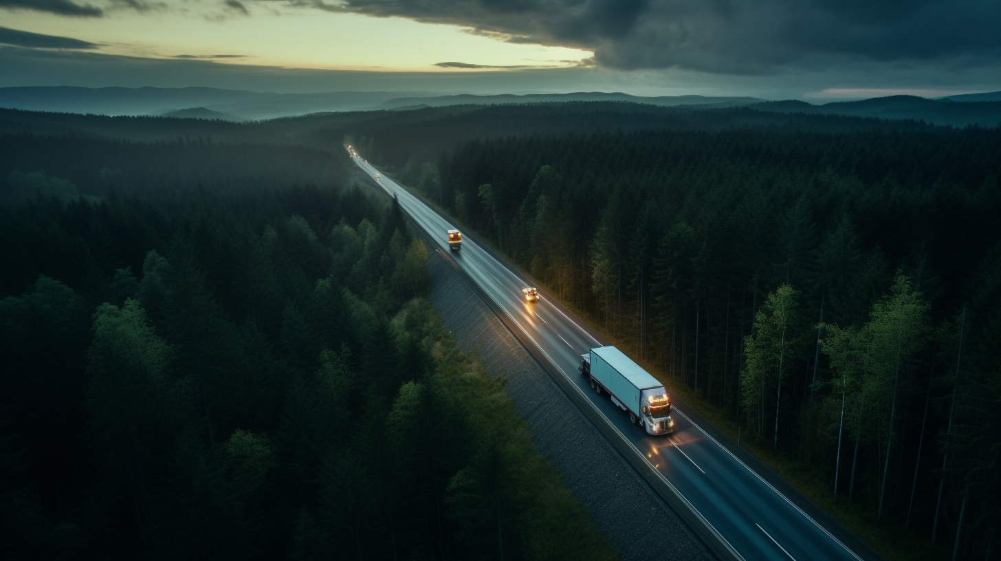 Aerial photo of Freightliner truck on winding freeway