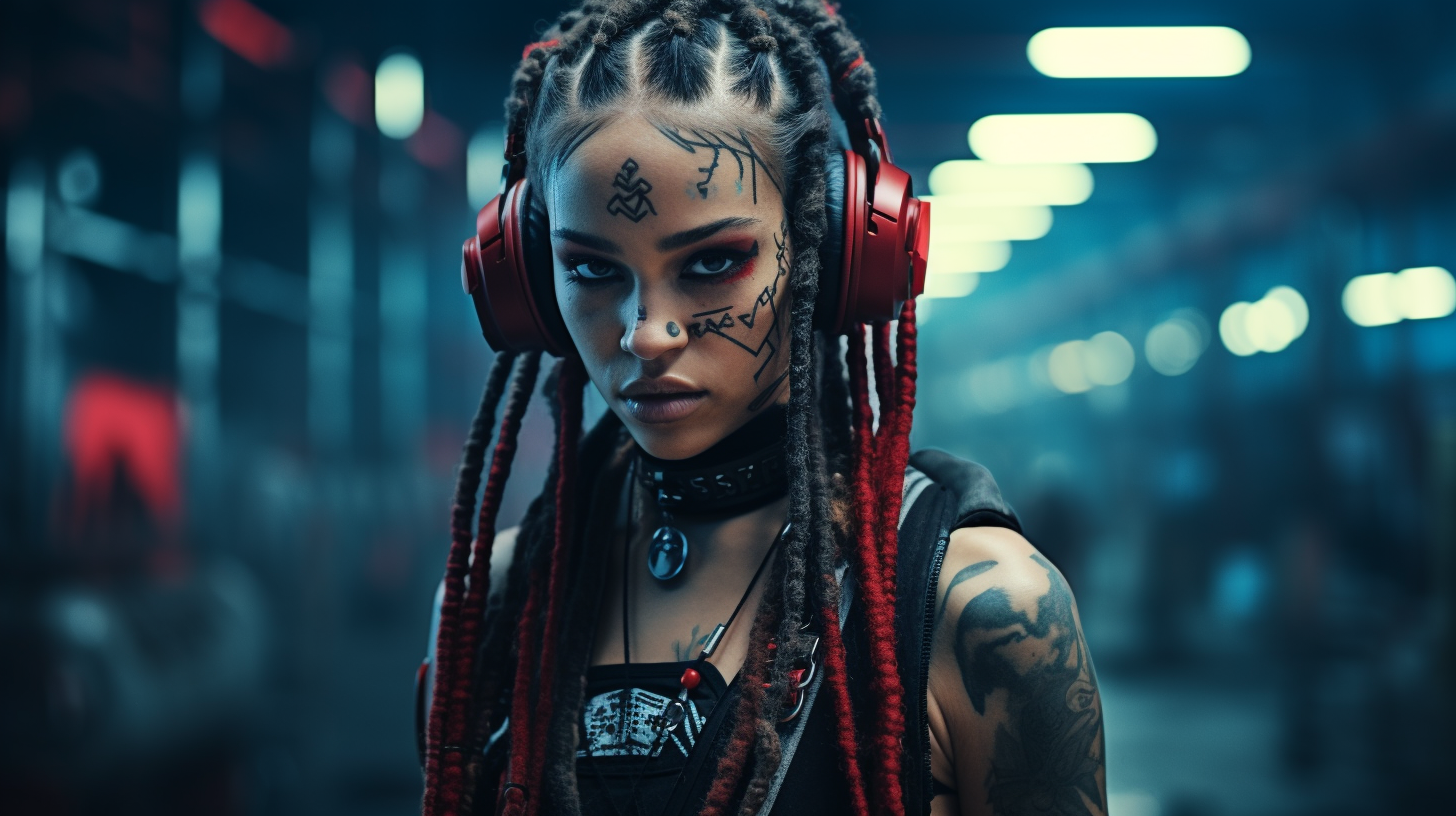 Woman with Black and Red Braids in Cyberpunk Setting