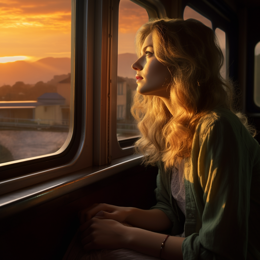 Beautiful woman watching train by window